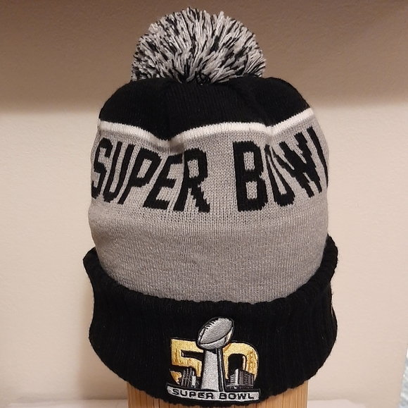 NFL Knit Hat Fleece lined Super Bowl 50 Panthers Patch Gray Black - Picture 2 of 12
